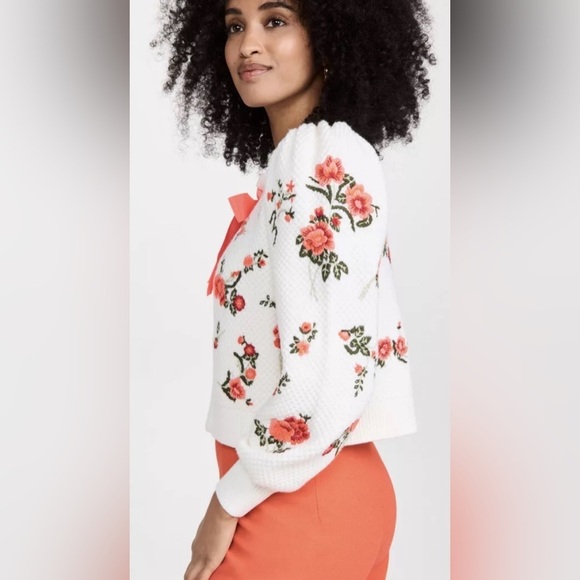 ALICE + OLIVIA Kitty Floral Embroidered Puff Sleeve Wool Cardigan Size Med NWT - Picture 8 of 11
